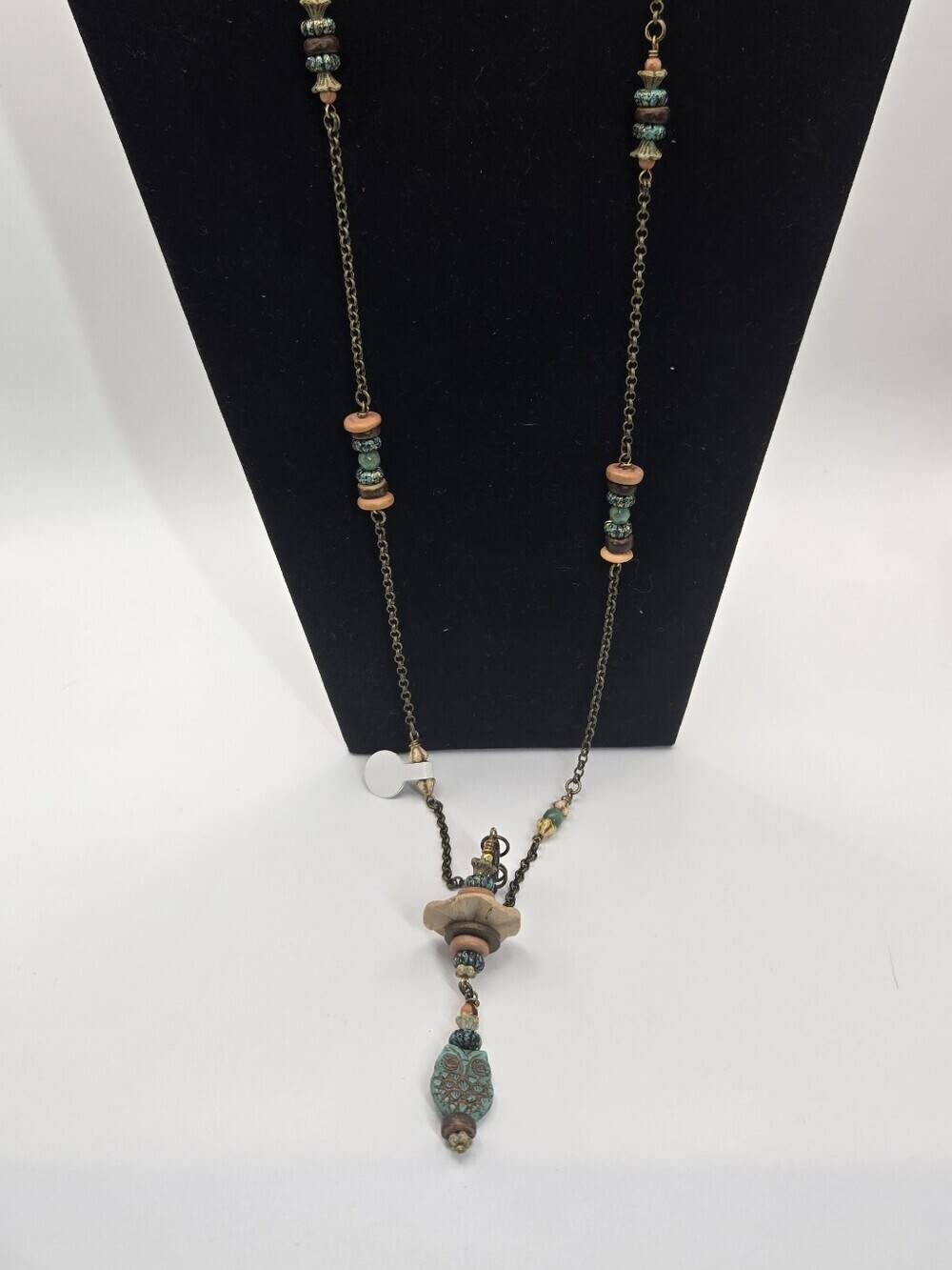 Boho Owl Wood Bead And Chain Necklace Long Artisan Made